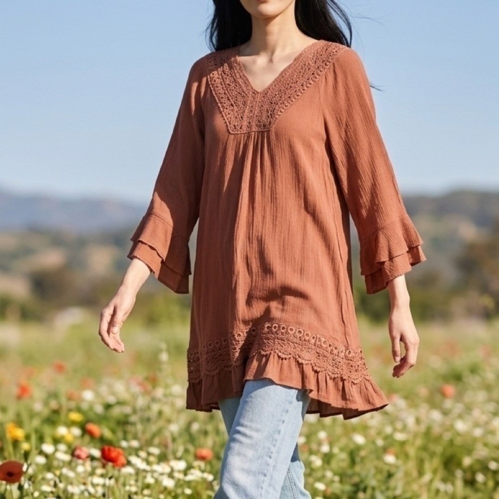 Azucar‎ Tunic 2 PC Dress Slip Women Medium Rust Boho Lace Trim Bell Sleeve Rayon